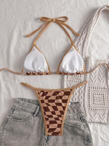 Swim Mod 2pcs Women Checkered Print Sexy Halterneck Bikini Set, Spring Break For Summer Beach Vacation - Multicolor - View 2