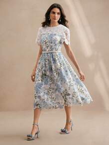 Anewsta Women's Floral Embroidery Hollow-Out Colorblock Round Neck Elegant Modern Date Dress, Spring/Summer - Baby Blue - View 5