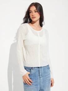 Roylia Women's Daily Casual Solid Color Round Neck Regular Shoulder Long Sleeve Fitted White Cardigan With Buttons - White - View 5