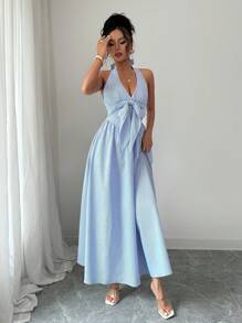 SHEIN Unity Vestido largo con lazo y estampado de rayas elástico ChicEase - Azul - Ver 5