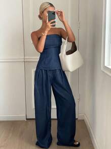 Livesso 女士夏季抹胸宽松休闲裤两件套，休闲牛仔套装 - 深色水洗藍 - 查看 2