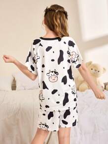 SHEIN 全身奶牛动物印花女童睡衣套装 - 白色 - 查看 5