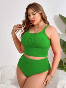 Swim Vcay Plus Size Women Summer Beach Solid Color Camisole Tankini Tankini Swimsuit Set