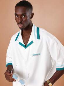 SUMWON Summer Beach Club Capri Italia Resort Wear Boxy Elbow Sleeve Coordinated Shirt Set Vacation Mediterranean Holiday Palm Print Weekender - White - View 5