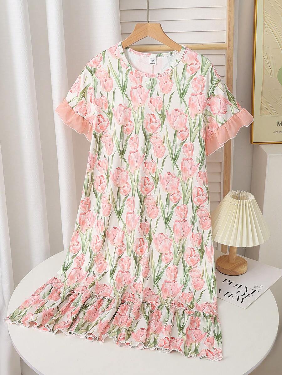 青少年女孩粉色简约时尚全印花郁金香花卉印花荷叶边下摆长款睡衣/睡袍返校时尚 - 彩色 - 查看 1