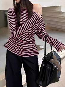 INAWLY Striped One Shoulder Long Sleeve T-Shirt, Asymmetrical Slim Fit Undershirt Fall Cloth For Women