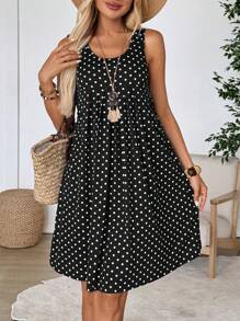 EMERY ROSE Women Polka Dot Print Sleeveless Mini Dress Vacation Dress - Black - View 4
