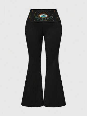 Hippie Plus Size Women's Hippie Eye & Star Embroidered Elastic Waist Flare Pants