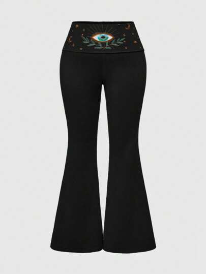 Plus Size Women's Hippie Eye & Star Embroidered Elastic Waist Flare Pants