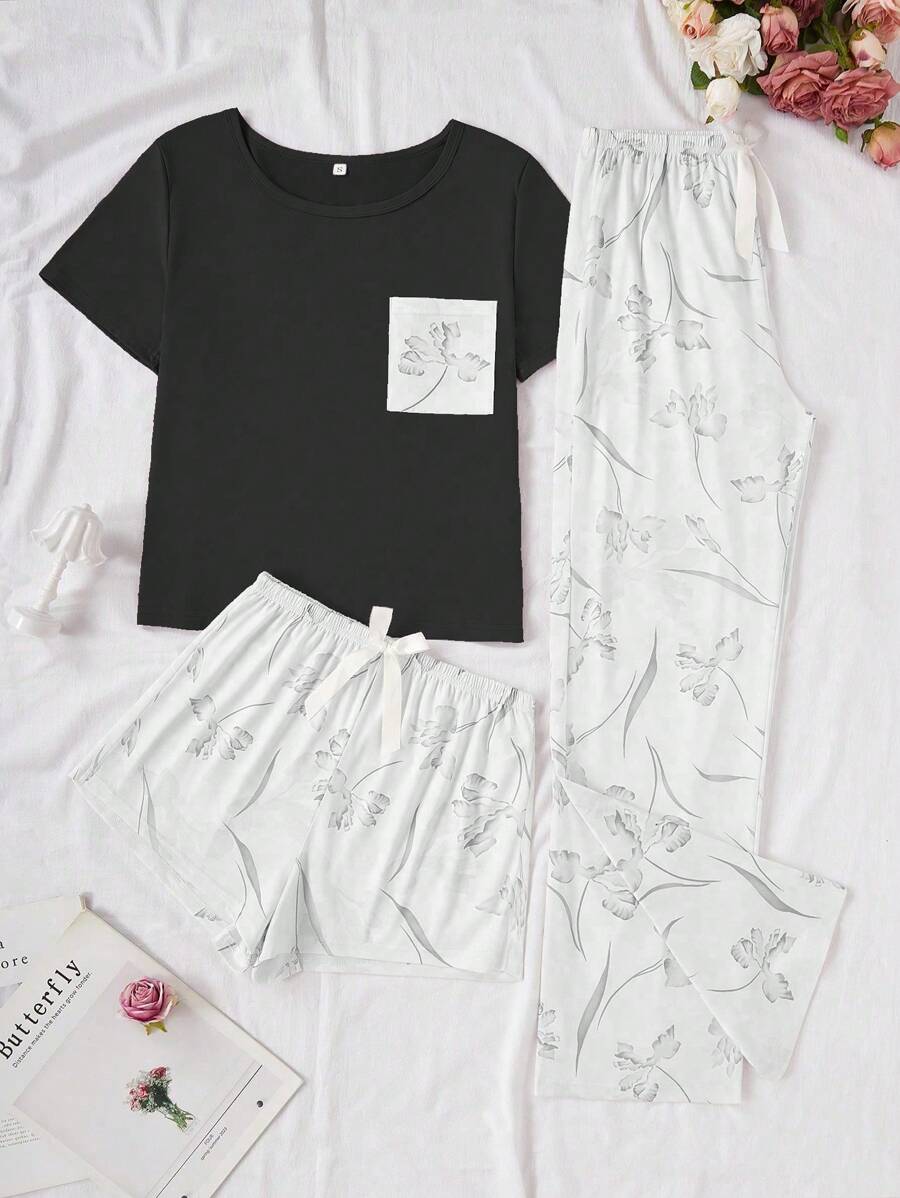 3pcs Women Floral Pattern Comfortable Casual Pajama Set - Black - View 1