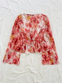 Soleia Women's Rose Print V-Neck Flare Sleeve Ruffle Hem Blouse, Suitable For Vacation, Music Festival, Bohemian, Holiday, Date, Afternoon Tea, Beach - Multicolor - View 2