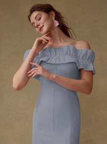 MOTF PREMIUM 斜裁荷叶边连衣裙 - 藍色 - 查看 4