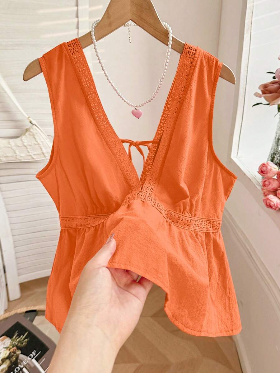 INAWLY New Summer Stylish Slim Contrast Lace Deep V-Back Top - Orange - View 1