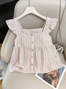 Jouncy New Stylish Striped Ruffled Sleeve Square Collar Casual Cap Sleeve Blouse For Women