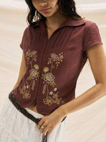 Easelle 女式刺绣修身棕色衬衫，波西米亚风格夏季 - 棕色 - 查看 4