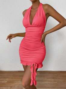 Zolique Solid Color Ruffle Halter Sexy Backless Sleeveless Dress, Summer, Summer Dress, Bodycon Dress, Vacation Dress, Halter Dress, Ruched Dress - Watermelon Pink - View 6