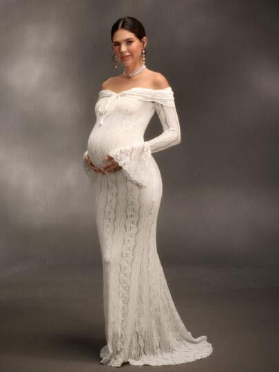 Cheriluna Maternity Váy maxi đuôi cá dài tay ren trắng trễ vai thanh lịch, thích hợp cho đám cưới, tiệc tùng, tiệc mừng em bé, chụp ảnh bầu, lễ rửa tội
