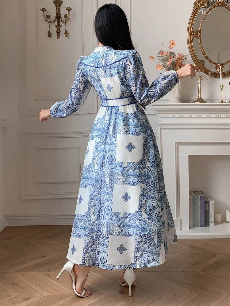 Elegant Floral Print V-Neck Lantern Sleeve Dress For Women, Summer Boho