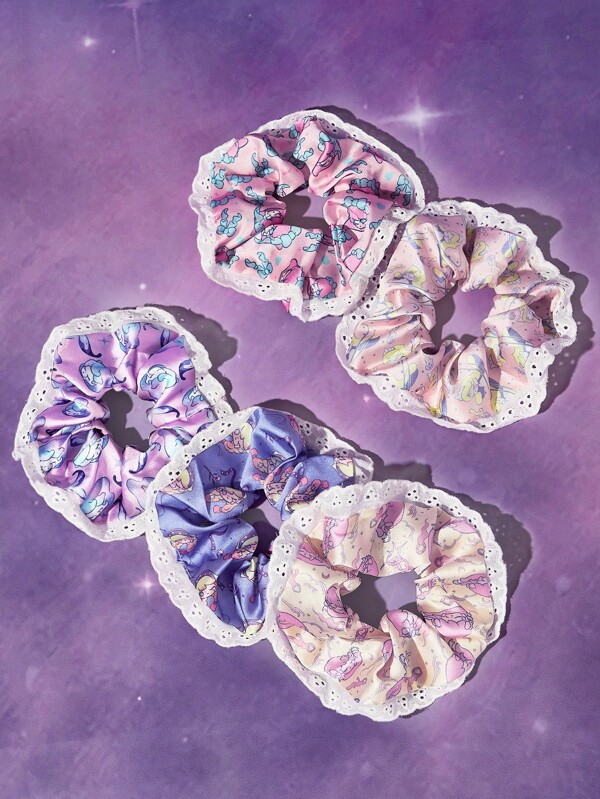 Pop Mart Azura X SHEIN 5pcs/Set Azura Satin-Finish Scrunchies With Soft Lace, Cute & Fashionable Elastic Hair Ties, Dreamlike Colors, No Hair Damage