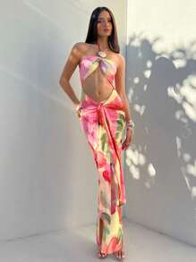 Aloruh Vestido largo con estampado floral, decoración de hebilla de metal hueca y ajustado con lazo en el cuello para mujer, atuendos de playa, vestidos de verano, atuendos de luna de miel, atuendos de vacaciones en la isla, vestidos de sol para mujer