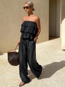Livesso 2pcs Women Vacation Solid Color Ruffle Hem Crop Top And Pants Set Lounge Sets For Women - Black - View 3