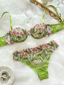 SHEIN Esselle 2pcs/Set Women's Romantic Embroidered Sexy Lingerie Set - Green - View 6