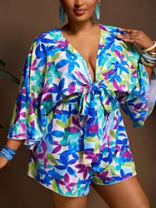 Slaydiva 大码女式假日休闲V领宽松印花连体裤（配系带腰带） - 綠色 - 查看 5