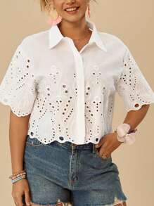 Travachic Plus Size Áo Sơ Mi Tay Ngắn Màu Trơn Thêu Rỗng Có Nút Cài Phía Trước, Mùa Hè Thường Ngày - trắng - Xem 3