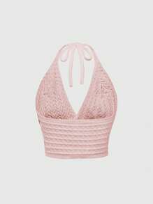 ROMWE Áo hở cổ hoa móc đơn giản, phong cách nghỉ dưỡng - Hồng - Xem 2