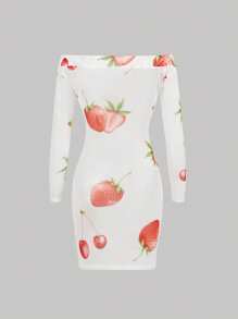 SHEIN EZwear 女式夏季白色草莓露肩长袖网眼连衣裙 - 白色 - 查看 2