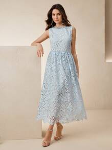 Anewsta 无袖镂空碎花蕾丝收腰水钻连衣裙，夏季 - 藍色 - 查看 6