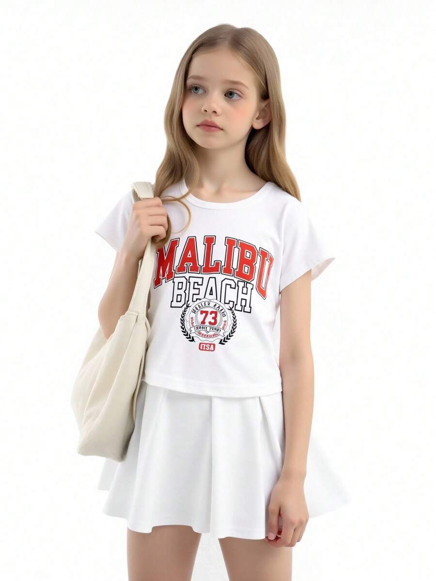 Conjunto informal de 2 piezas para niña, camiseta con estampado de eslogan en inglés y falda mini de unicolor, moda de verano - Gris - Ver 1