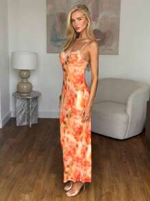 SHEIN BAE Robe maxi avec imprimé floral orange aux fleurs tie-dye avec ornement en dentelle, bretelles spaghetti, robe longue près du corps. Élégant pour femmes, vacances d'été, rendez-vous, soirée de demoiselle d'honneur, robe imprimée - Orange - Voir 6
