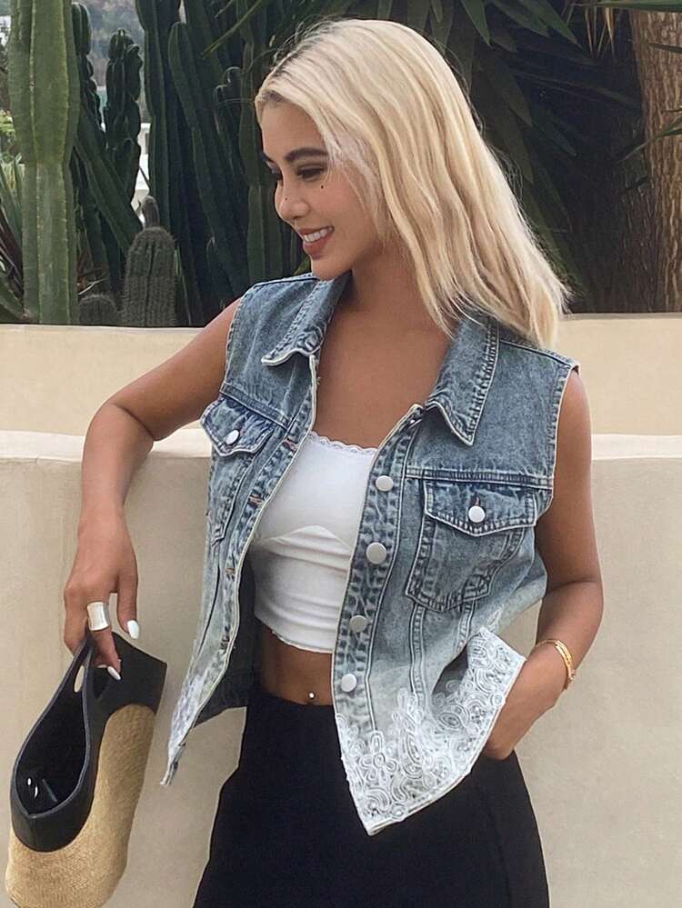 Women's Summer Lace Splice Sleeveless Short Denim Vest Cardigan Jacket, Casual Denim Crop Top For Young Girl,Back To School Clothes