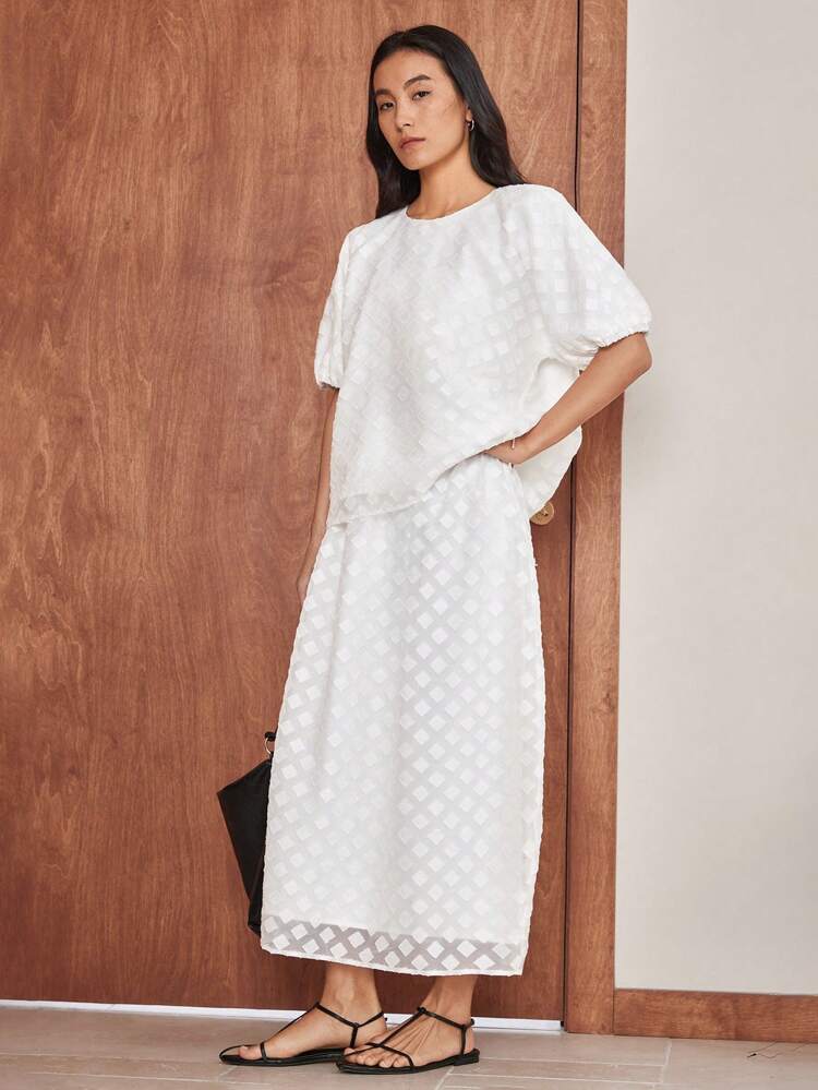 Loose Casual Minimal Office & Commuter Elegant Textured Houndstooth Chiffon Short Sleeve 2pcs Set For Women, Spring & Summer Business Casual Woman