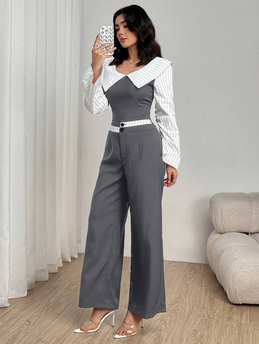 Modelyn 女士露肩条纹上衣和阔腿条纹裤两件套 - 灰色 - 查看 1