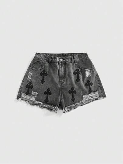Grunge Punk Punk Rock Festival Cross Applique Destroyed Ripped Denim Shorts