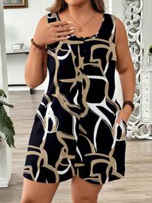 EMERY ROSE Casual Abstract Graphic Print Jumpsuit, Colorblock, Suitable For Music Festival, Country Style, Spring/Summer, Plus Size Plus Size Romper With Pockets Abstract Print Romper Suitable For Going Out