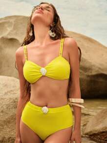 Anewsta Damen Sommer Strandurlaub einfaches einfarbiges Shell Dekor Bikini Set