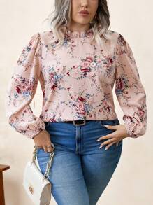 SHEIN Clasi 大碼印花褶邊燈籠袖襯衫