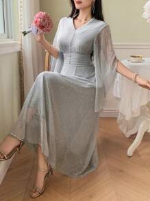 DAZY 女士优雅V领金箔褶腰连衣裙奢华舞会礼服 - 白色 - 查看 1