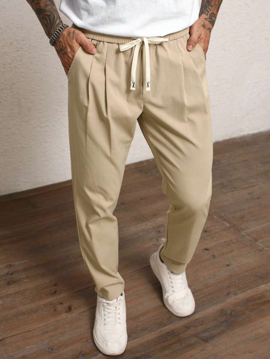 Manfinity Homme Men's Casual Solid Color Drawstring Waist Fold Pleated Pants - Khaki - View 1