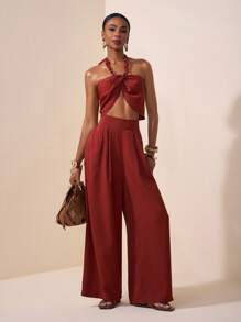 Zivah 2025 Summer New Style Wedding Birthday Party Daily Outing Basic Versatile Casual Popular Online Style Street Style Elegant Commuting Business Casual Necklace Hanging Sexy Backless Irregular Hem Women's Top And Pleated Straight Wide-Leg Pants Good Drape Red Brown Summer Suit Women's Two-Piece Suit