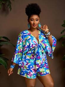 Slaydiva 大码女式假日休闲V领宽松印花连体裤（配系带腰带） - 綠色 - 查看 6