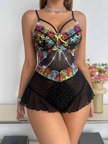 SHEIN Vrouwen Love Rhinestone Buckle Decor Kleurrijke Borduurwerk Splicing Mesh Jumpsuit