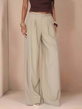 SHEIN BAE Damen aprikotfarbene einfarbige Leinen Minimalist Schlupfhose mit niedriger Taille und weitem Bein, geeignet für Alltag, Urlaub, Bürooutfits, Frühling/Sommer