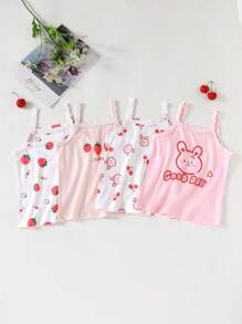 4pcs/Pack Girls Strawberry,Rabbit,Cherry Print Knitted Camisole Tops,Pink,Summer,Family Matching Lace Trim Detail,Daily Wear,Vacation,Party Tops - Multicolor - View 1