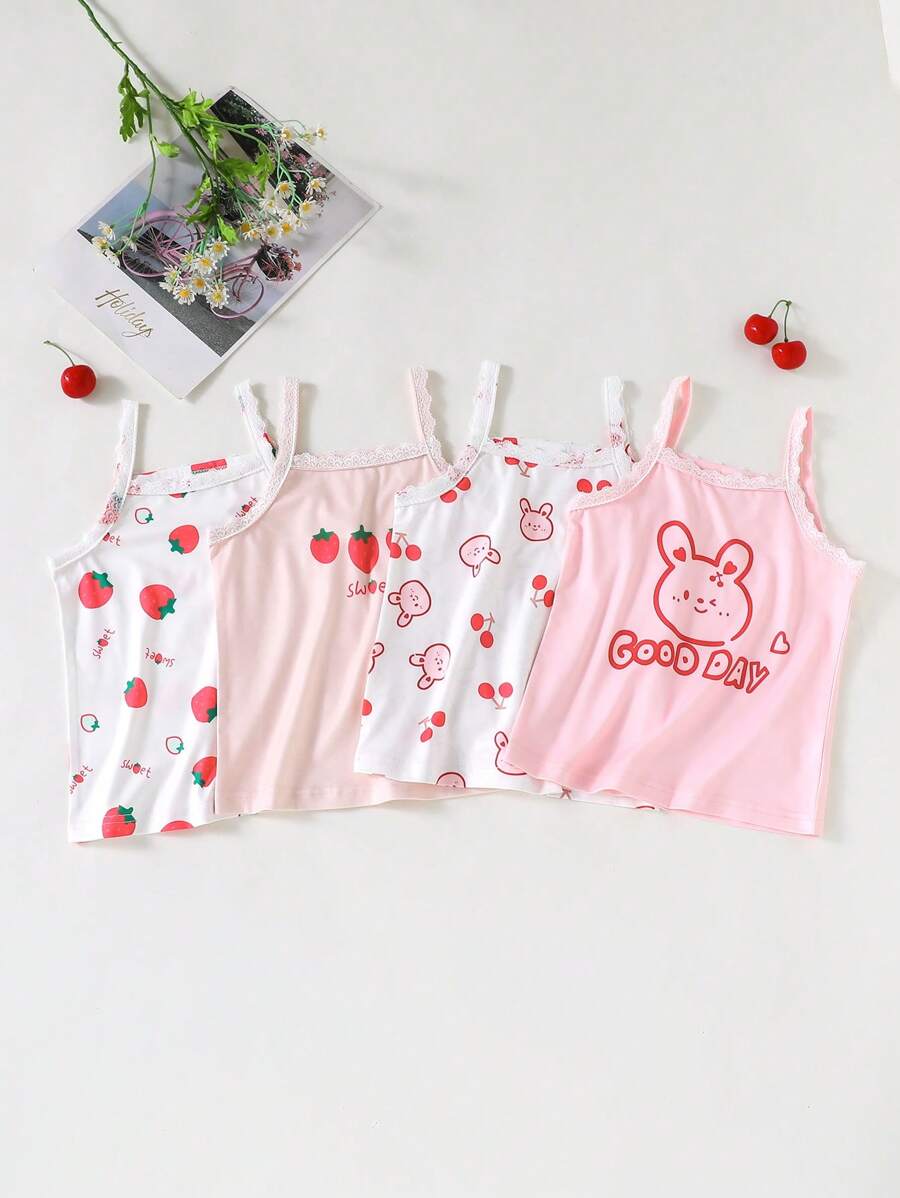 4pcs/Pack Girls Strawberry,Rabbit,Cherry Print Knitted Camisole Tops,Pink,Summer,Family Matching Lace Trim Detail,Daily Wear,Vacation,Party Tops - Multicolor - View 1