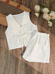 SHEIN LMoss Kids 少女休闲简约舒适无袖圆领系带蝴蝶结上衣和短裤两件套 - 白色 - 查看 1
