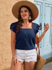 SHEIN VCAY 大码女式度假纯色褶皱盖袖方领衬衫